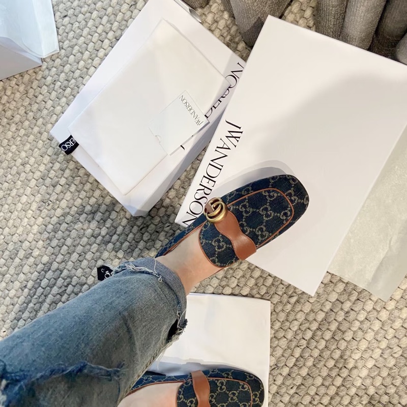 Gucci丹寧老花復古GG logo低跟鞋-1