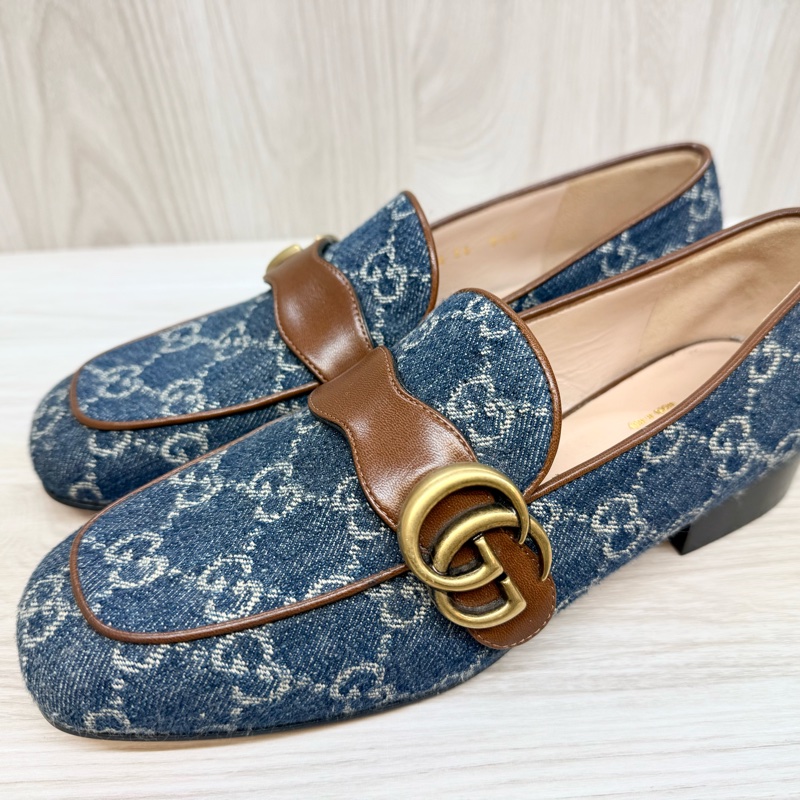 Gucci丹寧老花復古GG logo低跟鞋-4