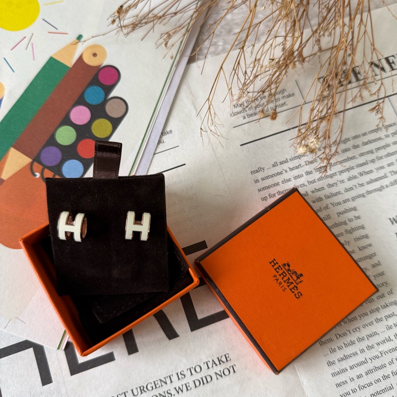 Pop H立體簍空橢圓LOGO耳環(白/玫瑰金)-0