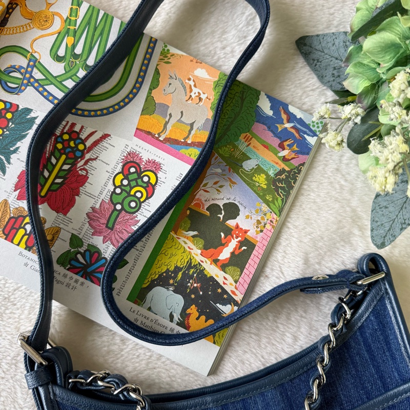 銀色CC Logo 牛仔布二用Hobo包(牛仔藍)-6