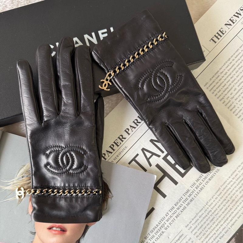 CC Logo 皮穿鍊設計小羊皮手套(7.5)(黑色)-0