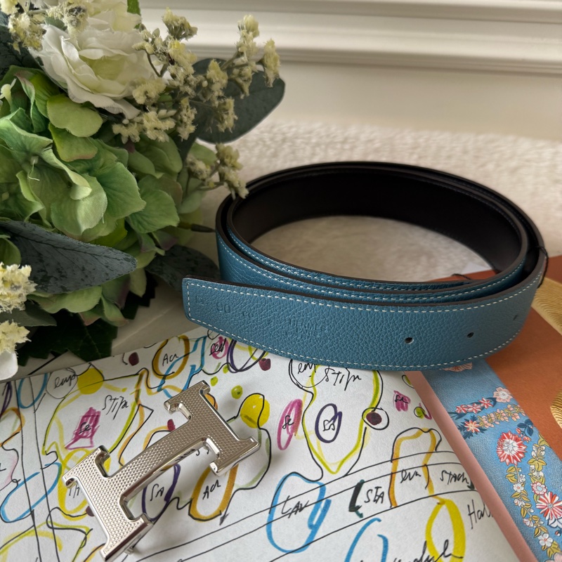 H Guillochee 銀釦+ 32MM雙面用皮帶(黑色/藍色)-0