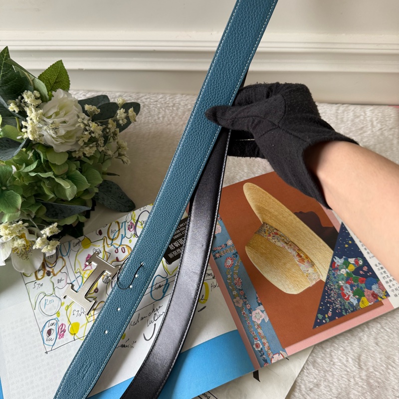 H Guillochee 銀釦+ 32MM雙面用皮帶(黑色/藍色)-1