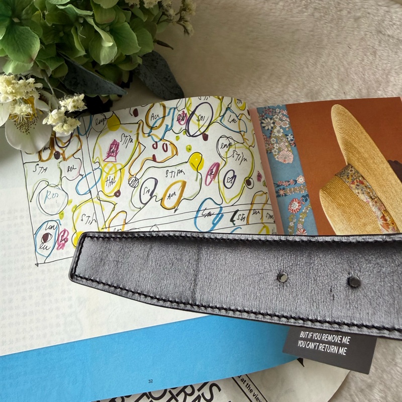 H Guillochee 銀釦+ 32MM雙面用皮帶(黑色/藍色)-9