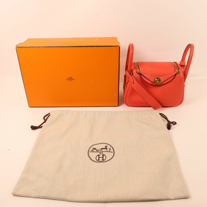HERMES Clemence皮革Mini Lindy金扣肩背袋Rose Texas-9