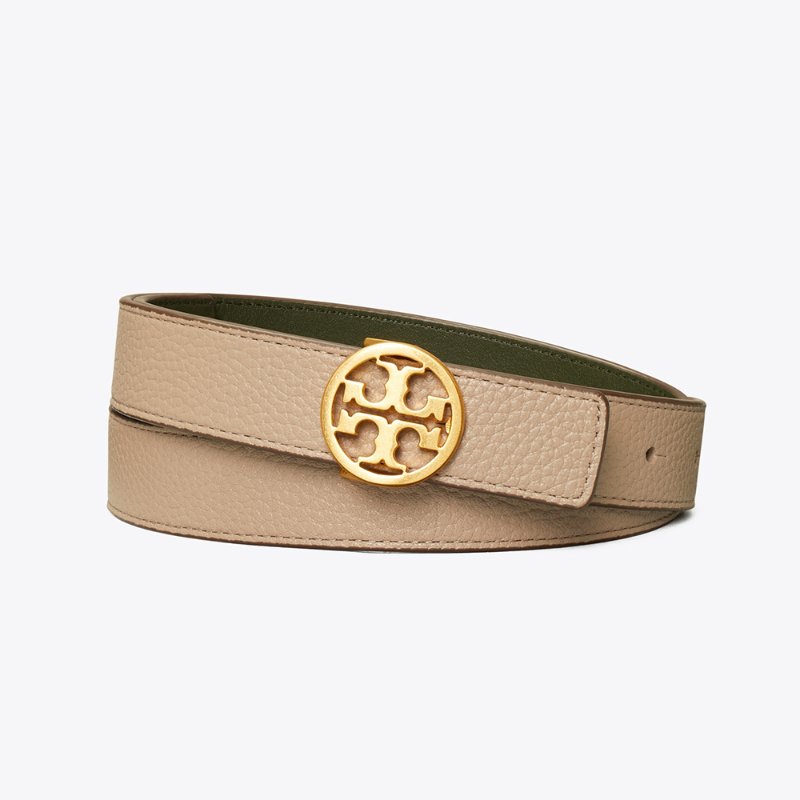 【TORY BURCH】經典雙T LOGO雙面皮帶-卡其/綠色-0