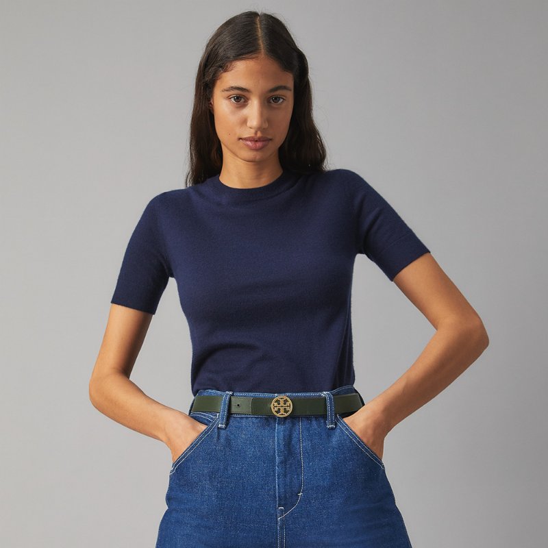 【TORY BURCH】經典雙T LOGO雙面皮帶-卡其/綠色-2