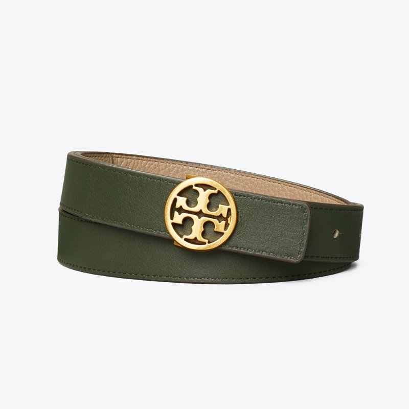 【TORY BURCH】經典雙T LOGO雙面皮帶-卡其/綠色-4