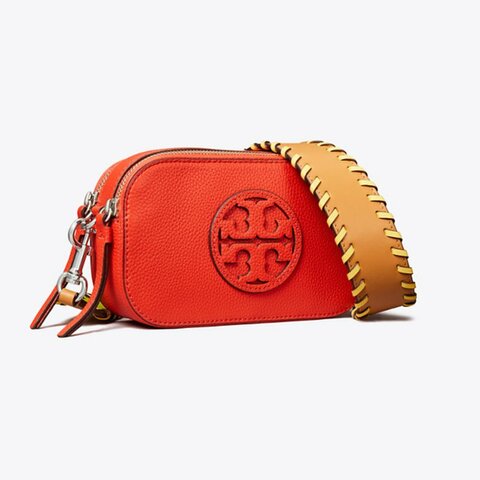 【TORY BURCH】專櫃款Miller編織背帶雙拉鍊迷你斜背包-桔紅色