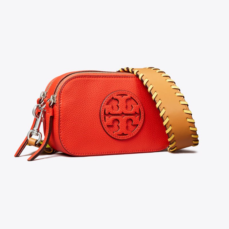 【TORY BURCH】專櫃款Miller編織背帶雙拉鍊迷你斜背包-桔紅色-0