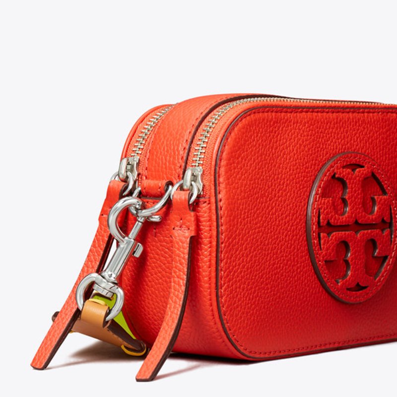 【TORY BURCH】專櫃款Miller編織背帶雙拉鍊迷你斜背包-桔紅色-2