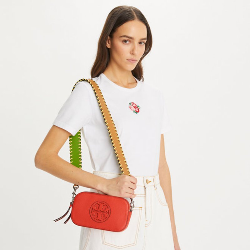 【TORY BURCH】專櫃款Miller編織背帶雙拉鍊迷你斜背包-桔紅色-4