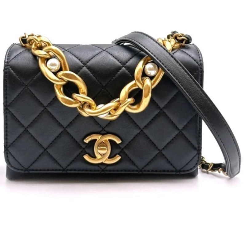 激甜近新閒置平台最低價✨ CHANEL 珍珠粗金鍊手提handle口蓋包方胖子風琴包- 黑金-3