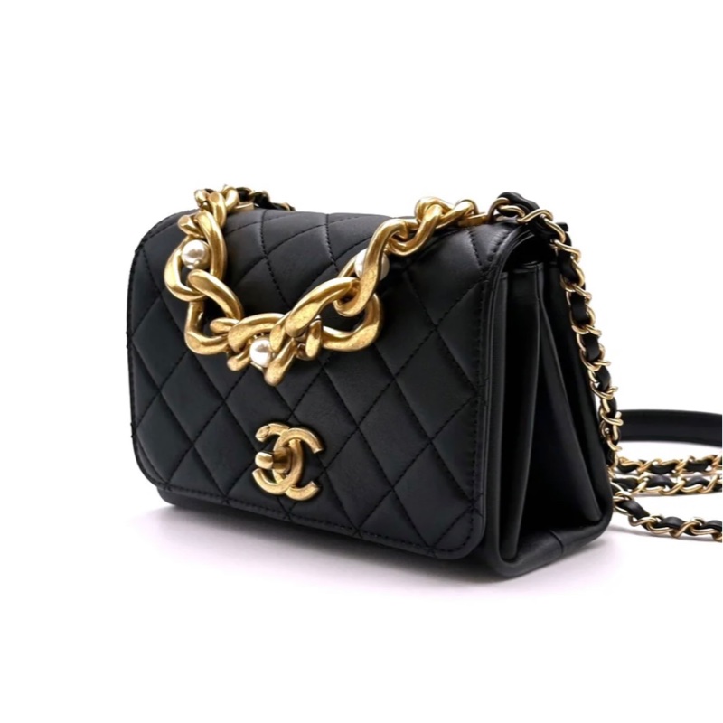 激甜近新閒置平台最低價✨ CHANEL 珍珠粗金鍊手提handle口蓋包方胖子風琴包- 黑金-4
