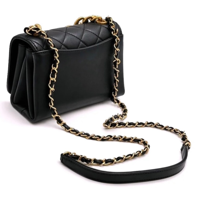 激甜近新閒置平台最低價✨ CHANEL 珍珠粗金鍊手提handle口蓋包方胖子風琴包- 黑金-5