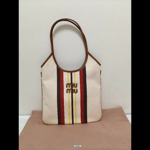 全新正品 miu miu ivy canvas 帆布+皮革邊托特包