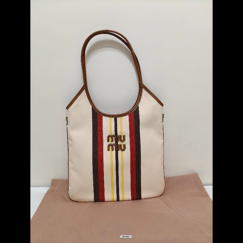 全新正品 miu miu ivy canvas 帆布+皮革邊托特包-0