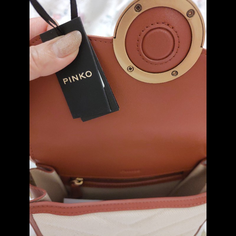 PINKO 帆布掀蓋式側背包(白拼棕)-7