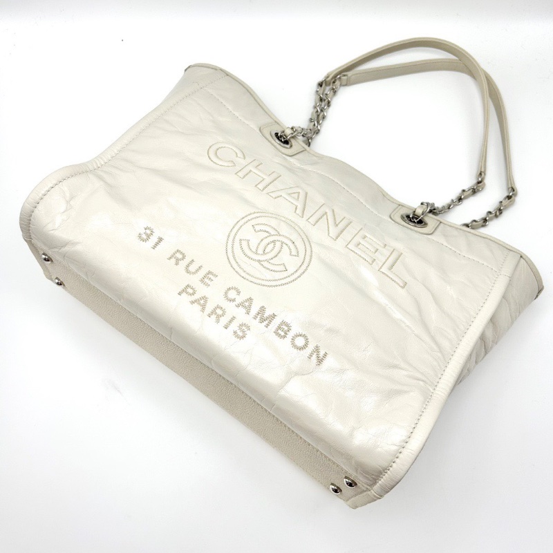 CHANEL 白色銀扣油蠟 牛皮小號手提肩背沙灘包 34*26*13 98新配件塵袋-2