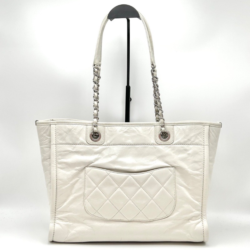 CHANEL 白色銀扣油蠟 牛皮小號手提肩背沙灘包 34*26*13 98新配件塵袋-5