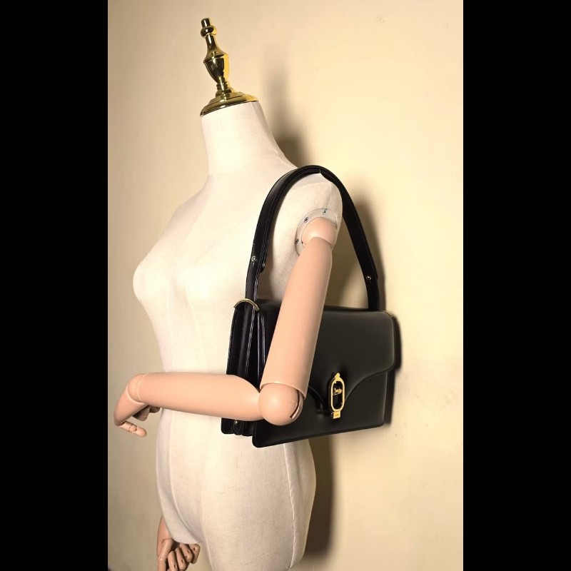 【LA LUNE】稀有中古包 Celine黑色馬車風琴包 單肩包 側背包 斜背包二手古董-8