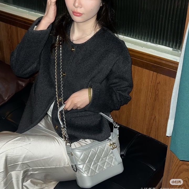 Chanel 銀色流浪包 小號菱格紋牛皮19*15*7 98新配件塵袋-0