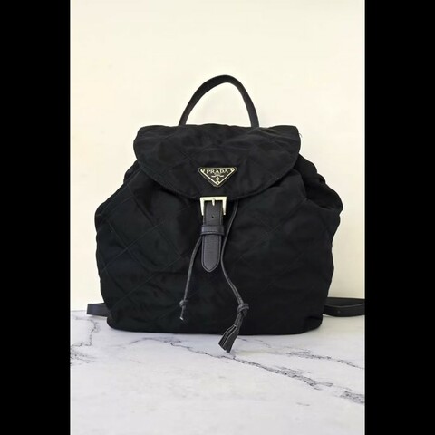 【LA LUNE】絕版古董包 Prada 黑藍外縫格紋流蘇雙肩包 後背包 中古包 二手包