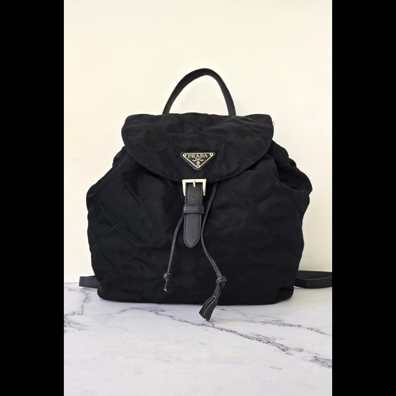 【LA LUNE】絕版古董包 Prada 黑藍外縫格紋流蘇雙肩包 後背包 中古包 二手包-0