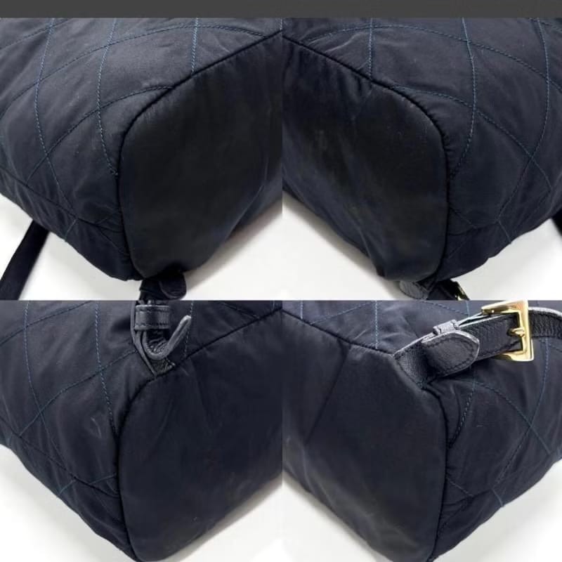 【LA LUNE】絕版古董包 Prada 黑藍外縫格紋流蘇雙肩包 後背包 中古包 二手包-2