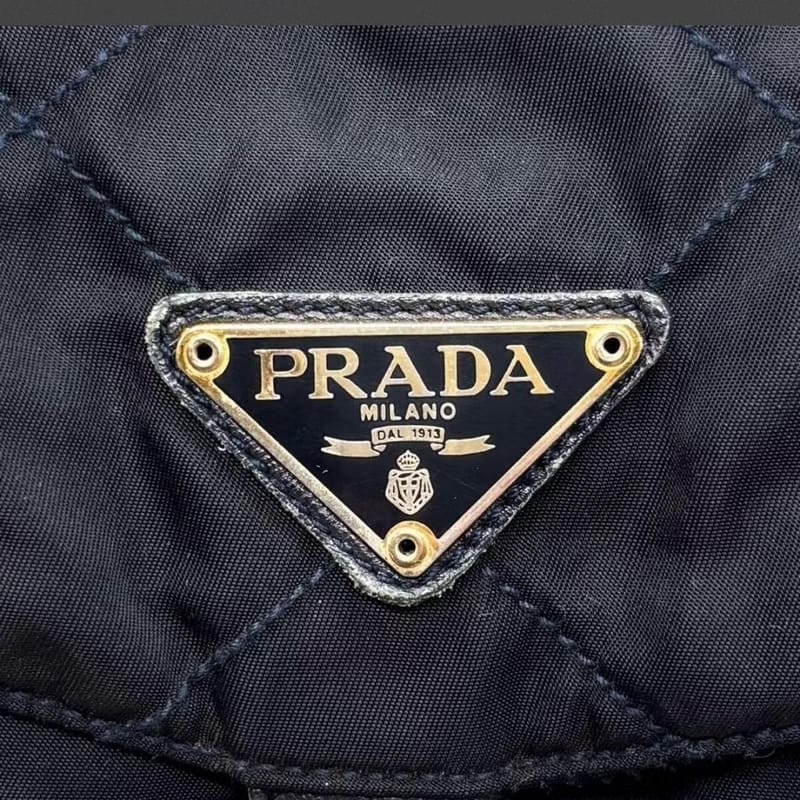 【LA LUNE】絕版古董包 Prada 黑藍外縫格紋流蘇雙肩包 後背包 中古包 二手包-3