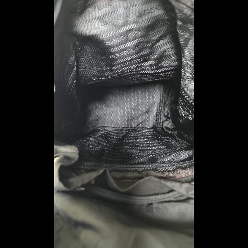 【LA LUNE】絕版古董包 Prada 黑藍外縫格紋流蘇雙肩包 後背包 中古包 二手包-4