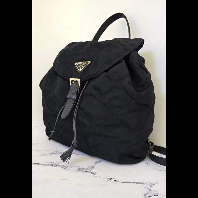 【LA LUNE】絕版古董包 Prada 黑藍外縫格紋流蘇雙肩包 後背包 中古包 二手包-6