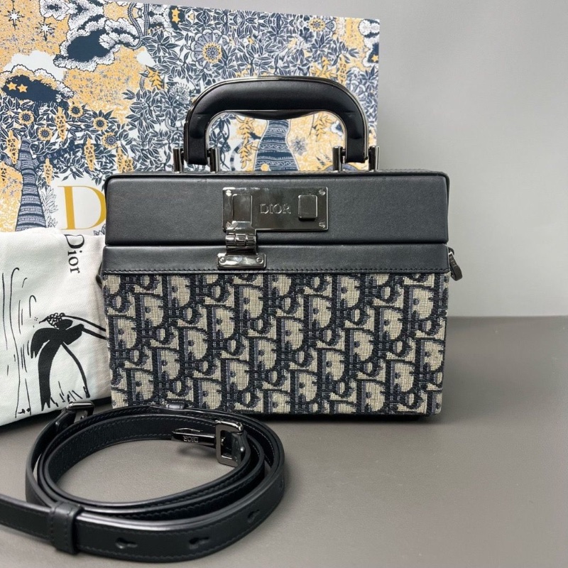 Dior lock硬盒子經典老花配牛皮 硬箱 五金暗銀色 光滑牛皮革21*15*7cm 98新配件肩帶塵袋盒子-1