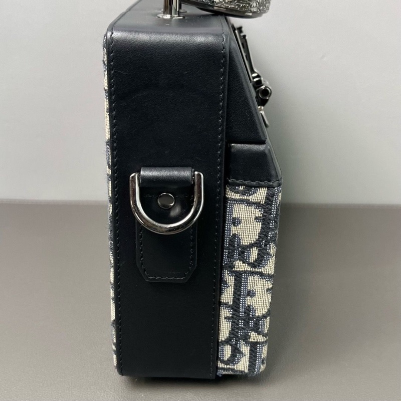 Dior lock硬盒子經典老花配牛皮 硬箱 五金暗銀色 光滑牛皮革21*15*7cm 98新配件肩帶塵袋盒子-4