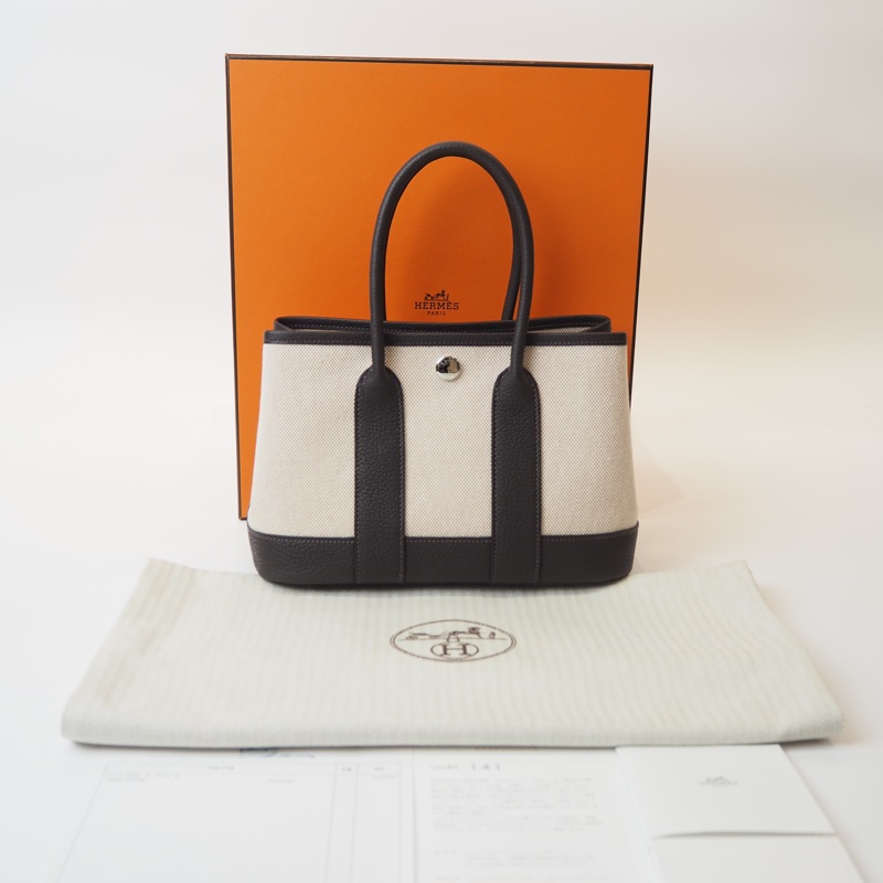超甜全新閒置Hermès mini garden party帆布拼烏木色-0