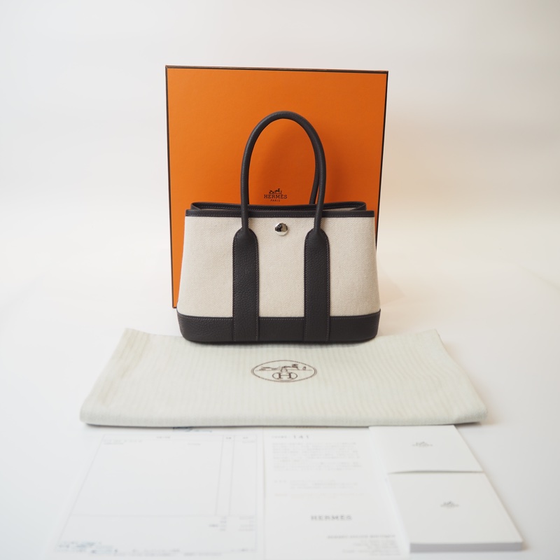 超甜全新閒置Hermès mini garden party帆布拼烏木色-5