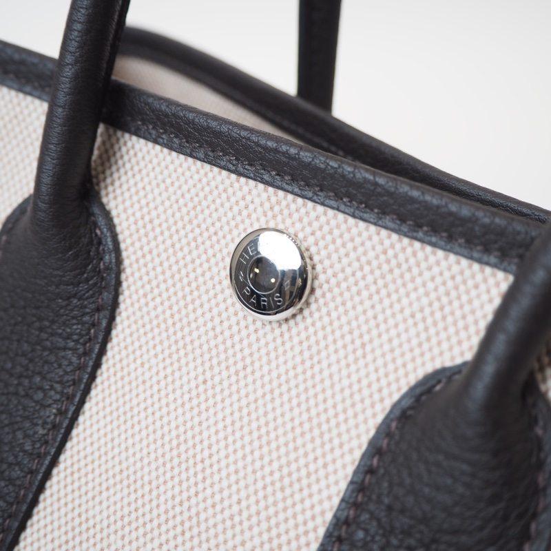 超甜全新閒置Hermès mini garden party帆布拼烏木色-23