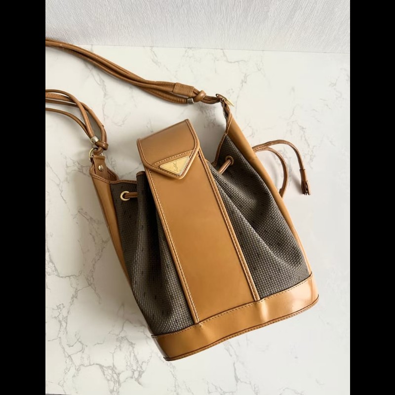 絕版古董包 Yves Saint Laurent 編織拼皮革水桶包 側背包 單肩包-0