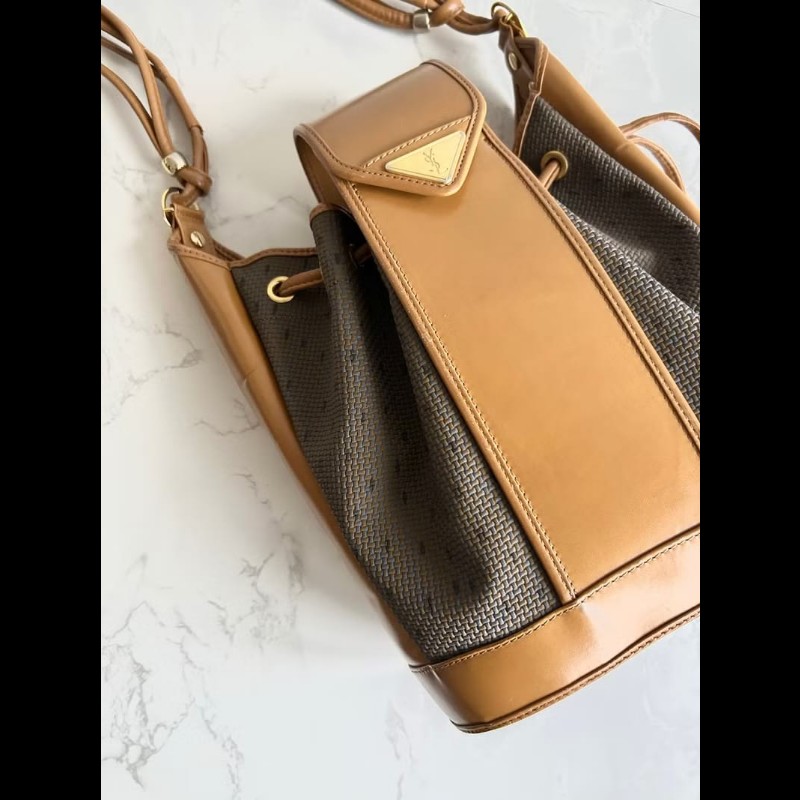 絕版古董包 Yves Saint Laurent 編織拼皮革水桶包 側背包 單肩包-3