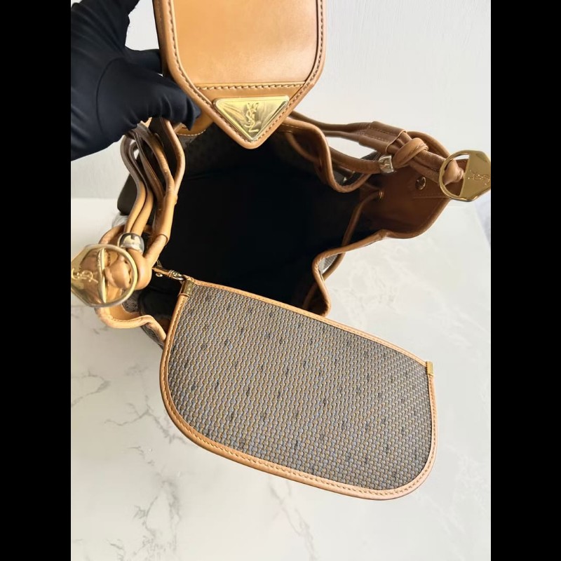 絕版古董包 Yves Saint Laurent 編織拼皮革水桶包 側背包 單肩包-6