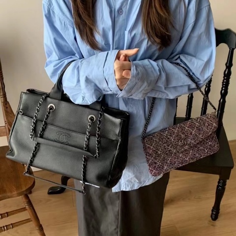 【一次擁有兩顆包❗️多功能用途✨ CP值極高😍】Chanel黑銀荔枝皮Tote 毛呢編織二合一