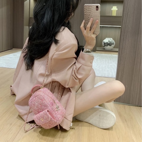 【少女心爆棚😍可愛小書包💖全網最低價】Chanel 粉色粗花呢 雙肩Mini迷你包 24P 芯片款
