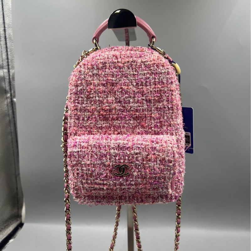 【少女心爆棚😍可愛小書包💖全網最低價】Chanel 粉色粗花呢 雙肩Mini迷你包 24P 芯片款-3