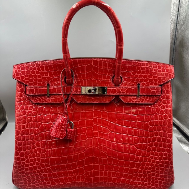 【貴氣逼人❤️適合高品味人士】Hermes Birkin 35 天葵紅 倒V亮面鰐魚皮 銀扣-1