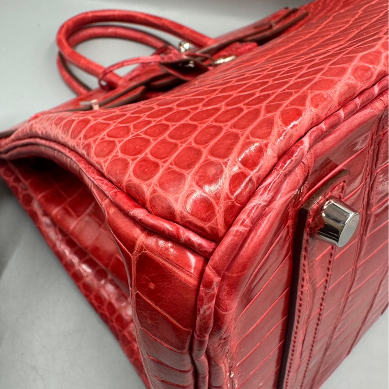 【貴氣逼人❤️適合高品味人士】Hermes Birkin 35 天葵紅 倒V亮面鰐魚皮 銀扣-4