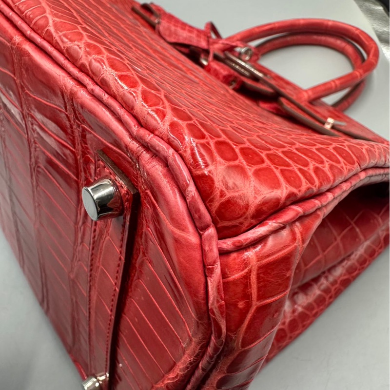 【貴氣逼人❤️適合高品味人士】Hermes Birkin 35 天葵紅 倒V亮面鰐魚皮 銀扣-5