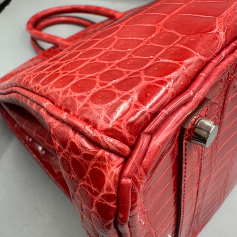 【貴氣逼人❤️適合高品味人士】Hermes Birkin 35 天葵紅 倒V亮面鰐魚皮 銀扣-6