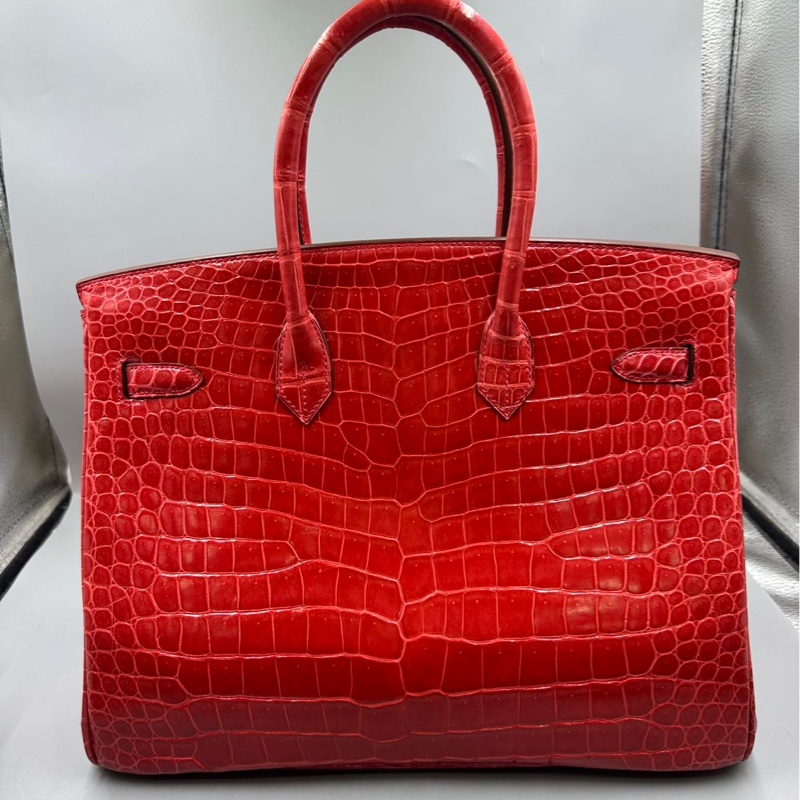 【貴氣逼人❤️適合高品味人士】Hermes Birkin 35 天葵紅 倒V亮面鰐魚皮 銀扣-8