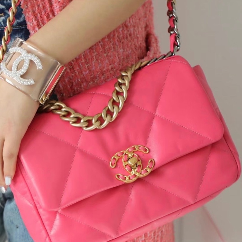 【98新 ✨ 全網最低價！】CHANEL 香奈兒 蜜桃粉紅色 金扣19bag小號 單肩斜挎包 （下單前先詢問庫存❗️）-5