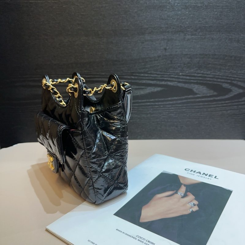 Chanel 黑油蠟皮霧金釦流浪Hobo天貓肩背斜背包-2